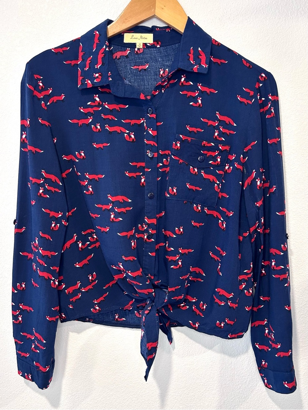 Love Notes Tie Front Fox Print Top Preppy Quirky Novelty Casual Size M